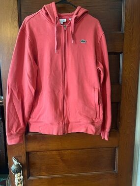 Lacoste Men's Coral-Red Full Zip Hoodie with Crocodile Patch